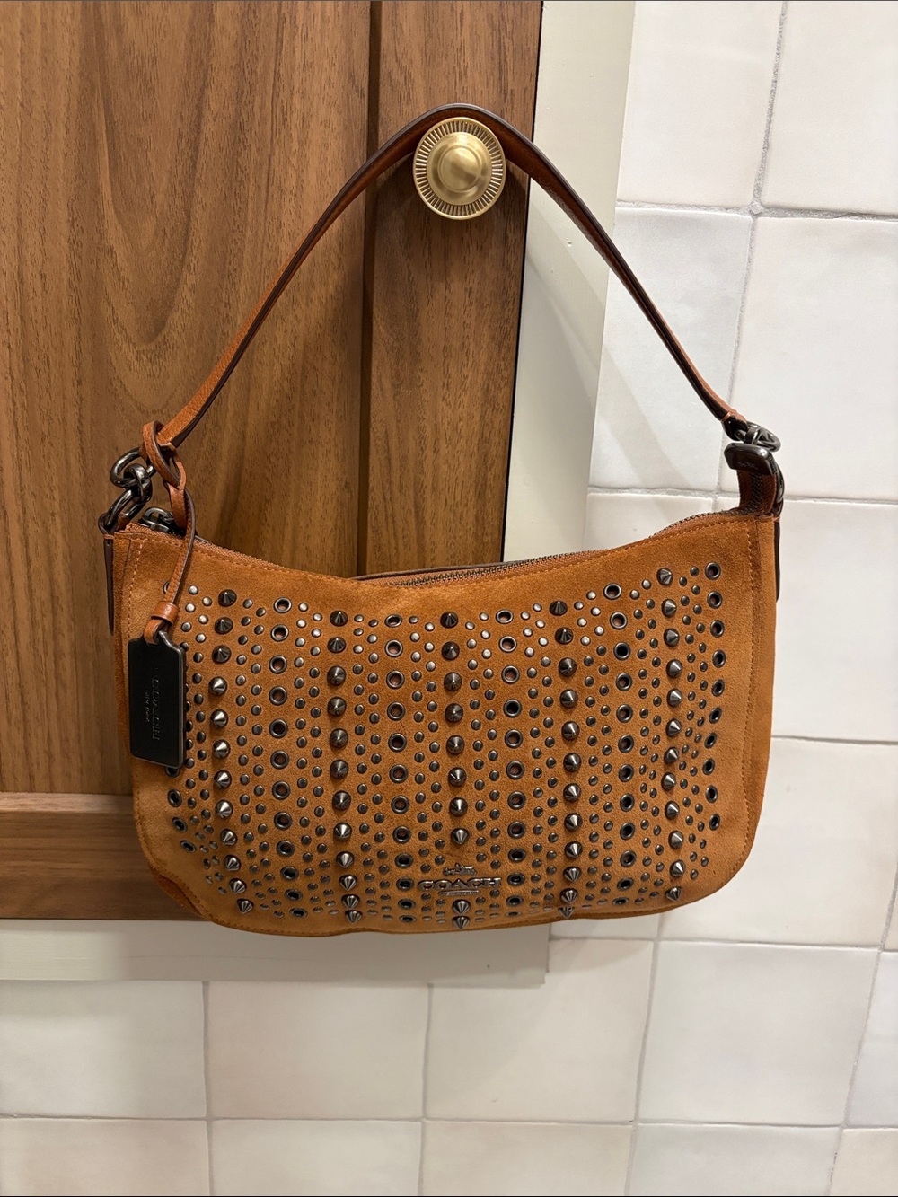 Coach Suede Chelsea Studded Shoulder Bag in Saddle/Tan Brown